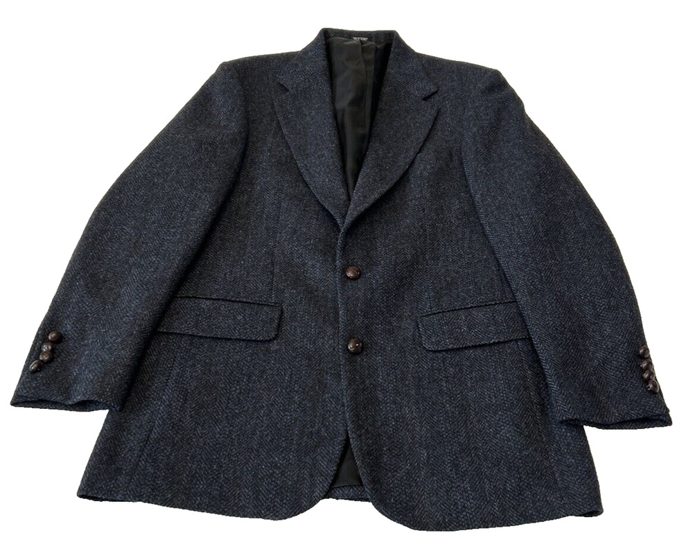 Robert Stock Tweed Wool Blazer Men's Size 40L Herringbone Blue Casual